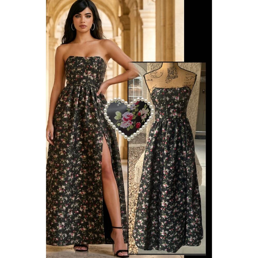 Lulus Black Floral Jacquard Strapless bustier-bodice Lace-Up Rainie Maxi Dres S